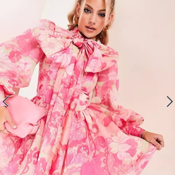 ASOS LUXE chiffon mini swing dress in pink floral READ - Picture 3 of 7